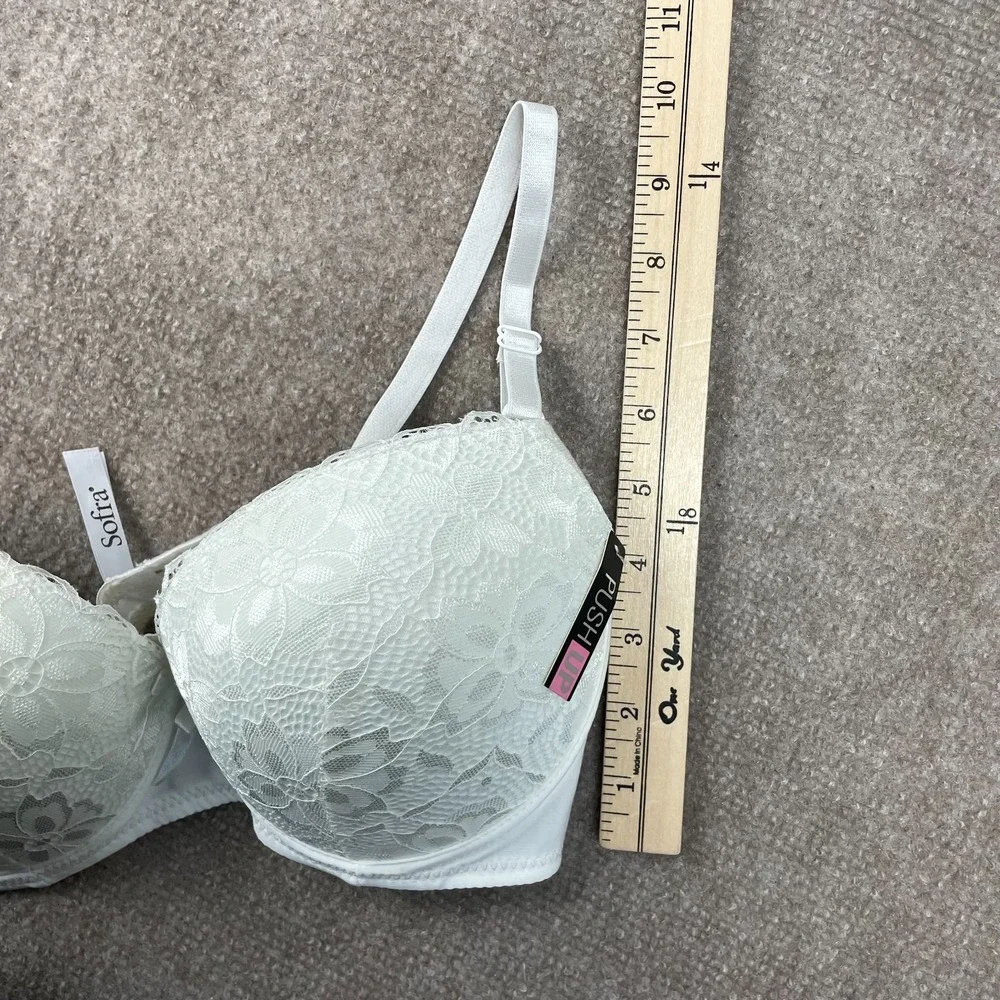 Sofra Push Up Demi Bra Womens 38C White Floral Lace Trim Padded Adjustable Strap